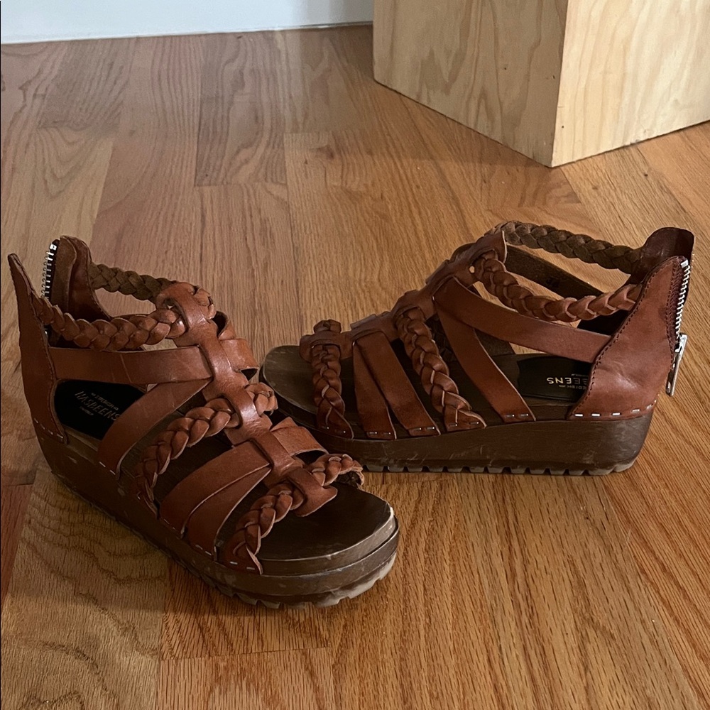 Swedish Hasbeens Tan Braided Wedges